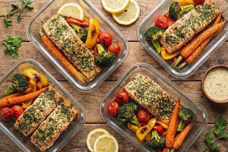 Sheet pan with four herb-crusted salmon fillets surrounded by roasted Brussels sprouts and carrot coins with lemon wedges