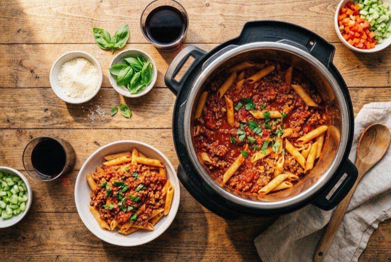 Bowl of penne pasta topped with rich meat Bolognese sauce garnished with fresh basil leaves and grated Parmesan