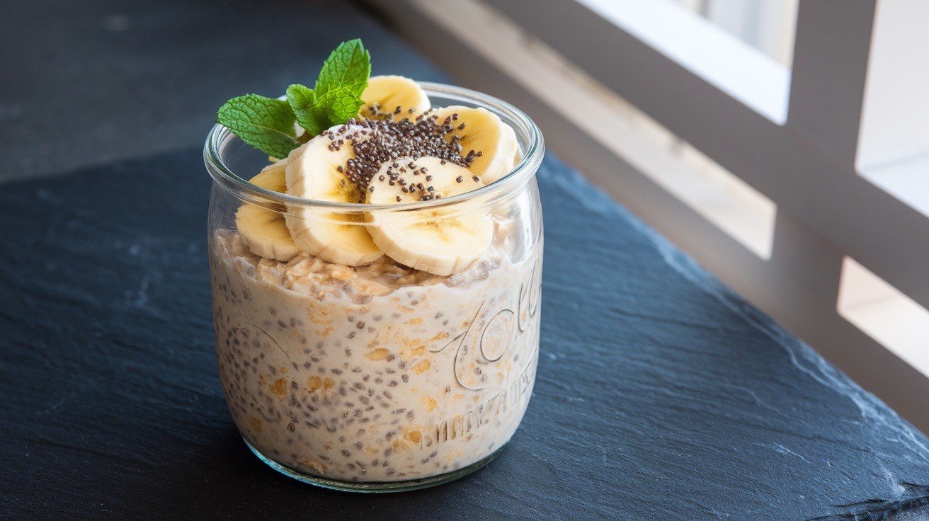 Mason jar filled with creamy overnight oats topped with sliced banana, chopped walnuts, and fresh berries