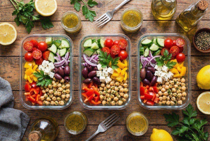 Glass meal prep container filled with chickpea salad featuring diced cucumber, cherry tomatoes, purple olives, and fresh parsley