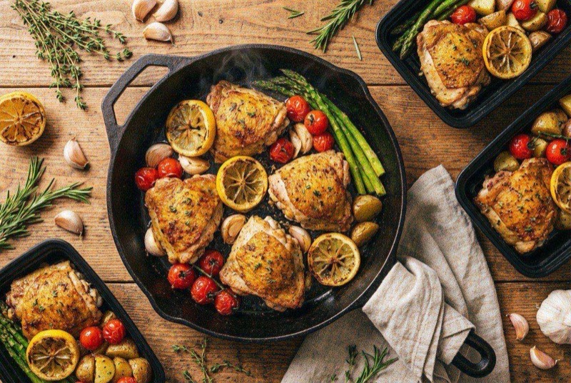 Cast iron skillet with golden crispy chicken thighs nestled among green beans, lemon slices, and roasted garlic cloves