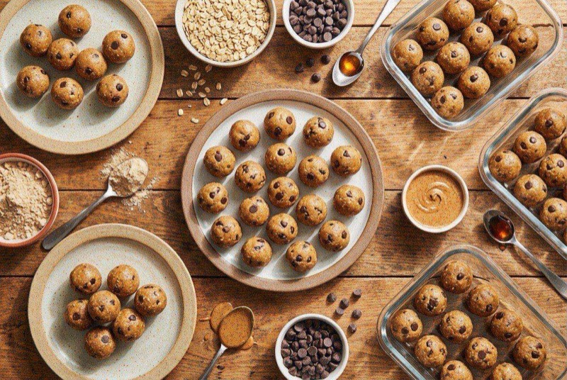 Rows of no-bake protein cookie dough bites with visible mini chocolate chips and oats on parchment paper