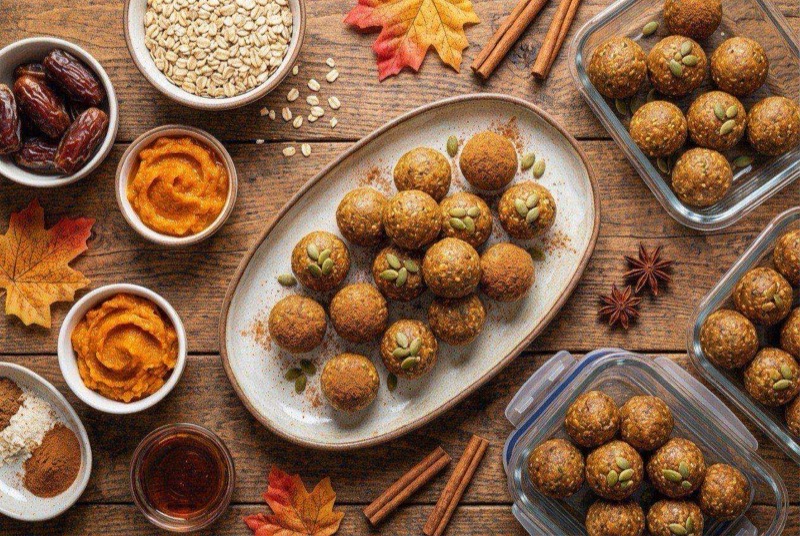 Orange-hued pumpkin spice protein energy balls topped with pepitas arranged on a wooden cutting board with a small pumpkin in the background