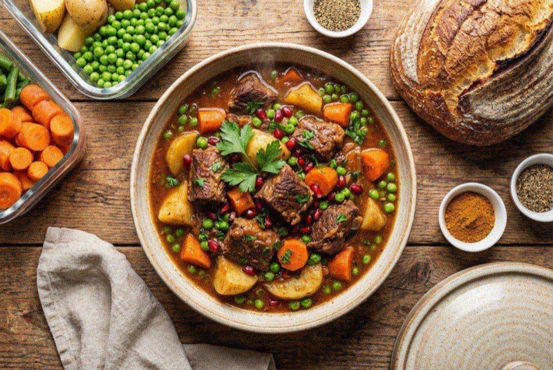 Bowl of rich lamb stew with tender lamb pieces, chunky carrots, potatoes, and a thick herb-infused gravy