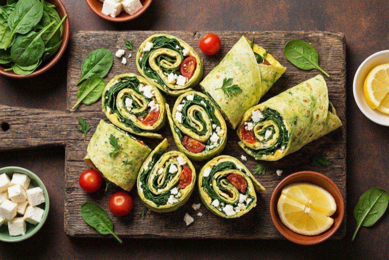 Cut-open breakfast wrap showing scrambled eggs with green spinach, white feta crumbles, and red sun-dried tomatoes