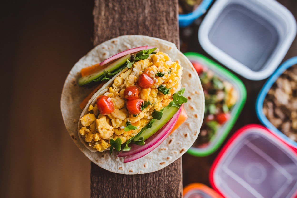 Stack of foil-wrapped tofu scramble burritos with one cut in half showing colorful filling of golden tofu, black beans, and red peppers
