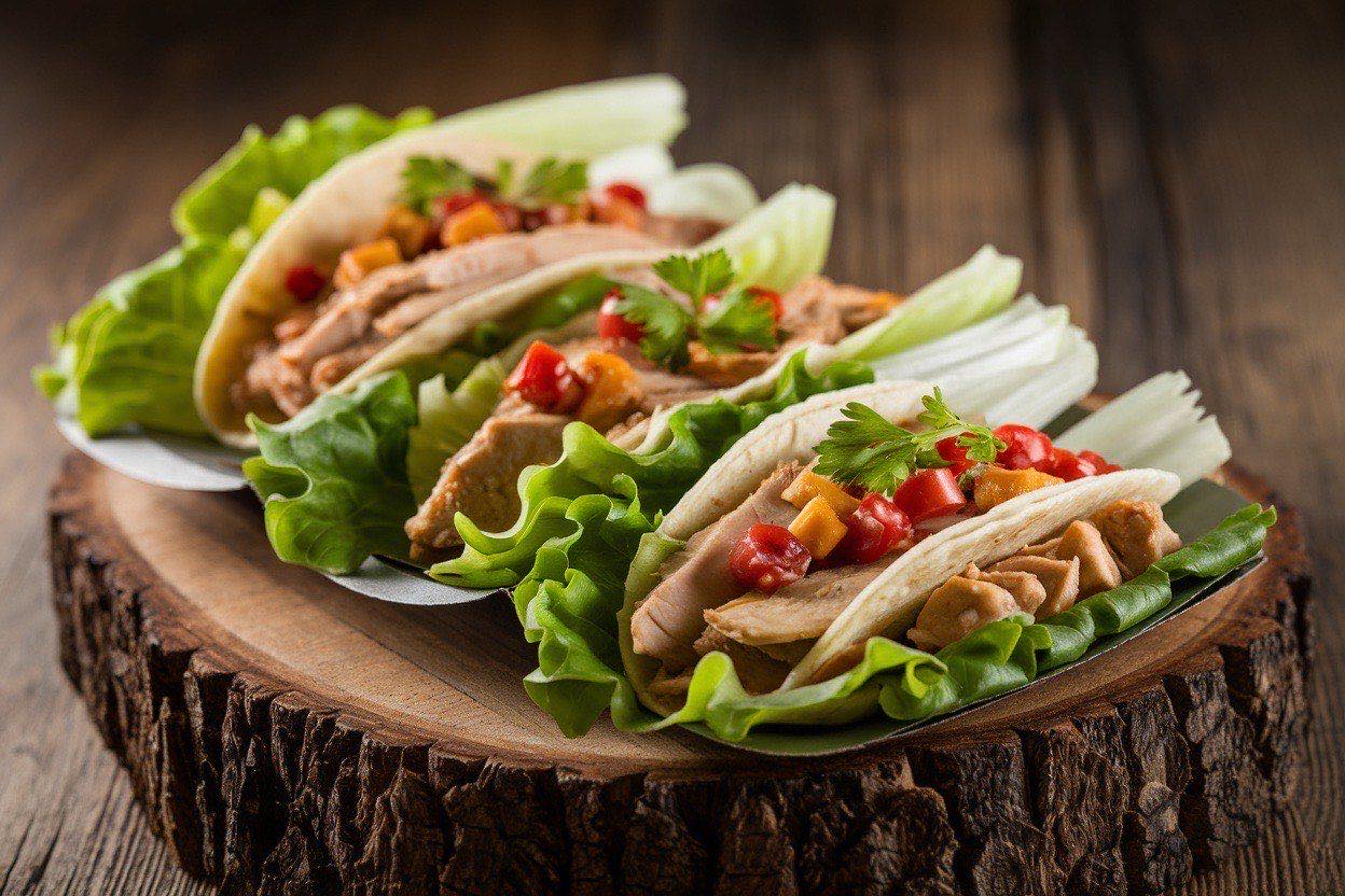 Bento box with compartments containing seasoned turkey taco meat, green butter lettuce cups, diced tomatoes, shredded cheese, and sour cream