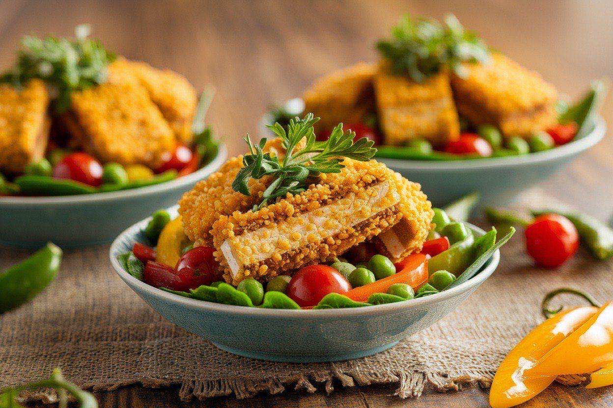 Bowl of golden crispy air-fried tofu cubes over jasmine rice with quick-pickled carrots and cucumber, drizzled with spicy mayo