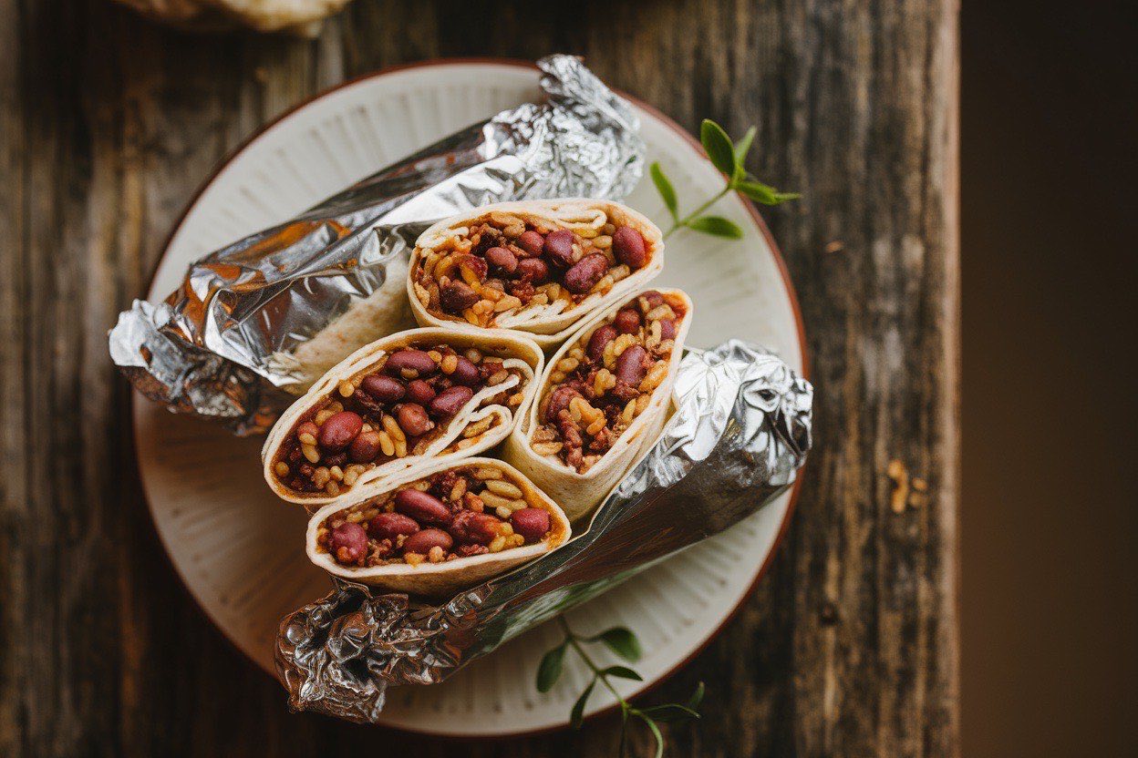 Row of tightly wrapped burritos on a baking sheet, some cut in half to show the bean, rice, and corn filling