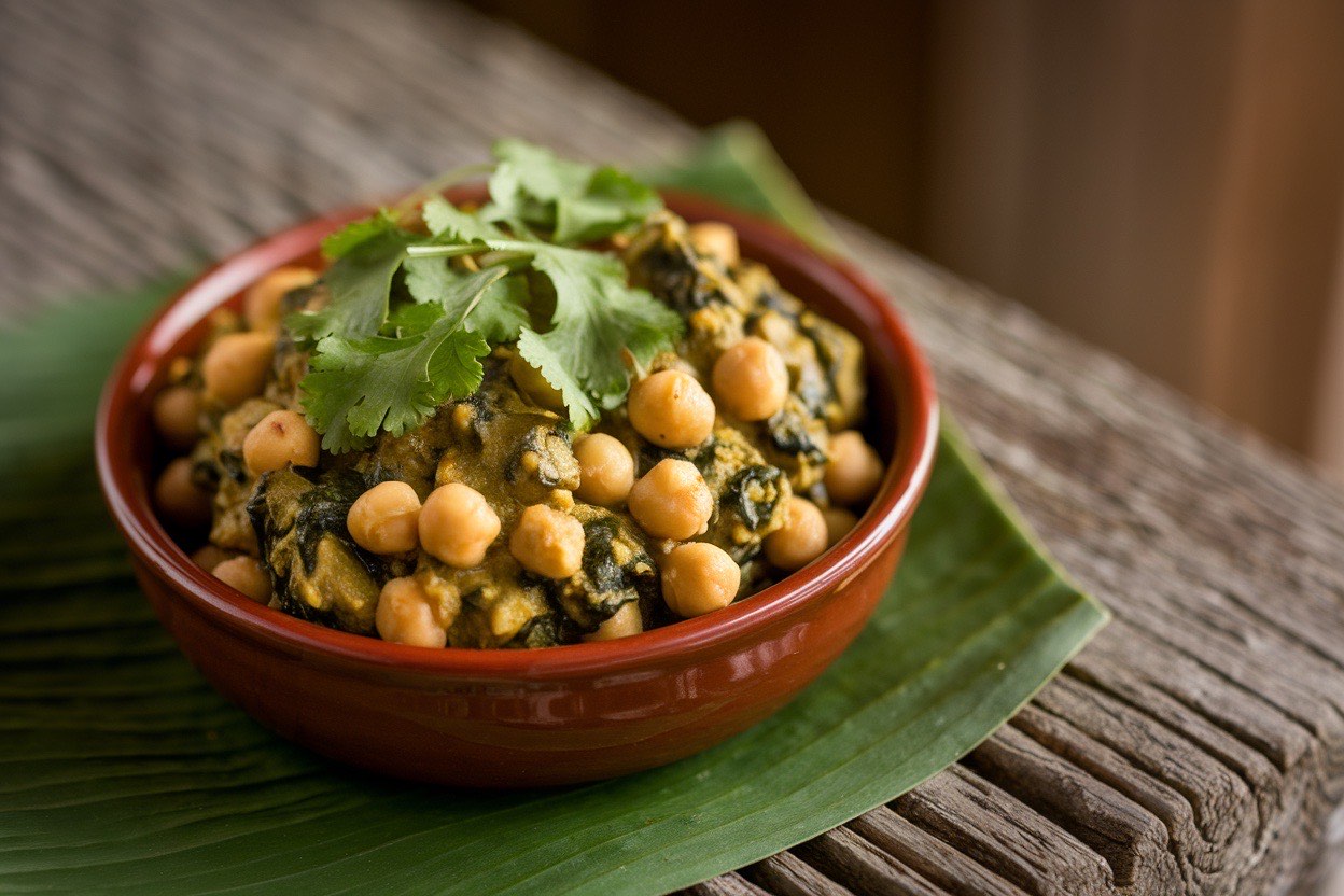 Rich orange-red chickpea and spinach curry in a white bowl with visible green spinach leaves throughout