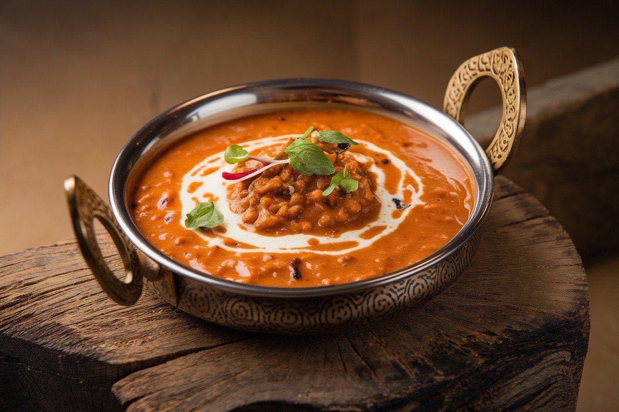 Dark, creamy dal makhani in a copper serving bowl with a swirl of coconut cream on top