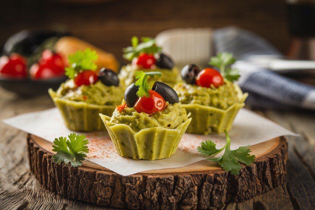 Small cups of bright green guacamole with visible chunks of onion and cilantro alongside veggie sticks