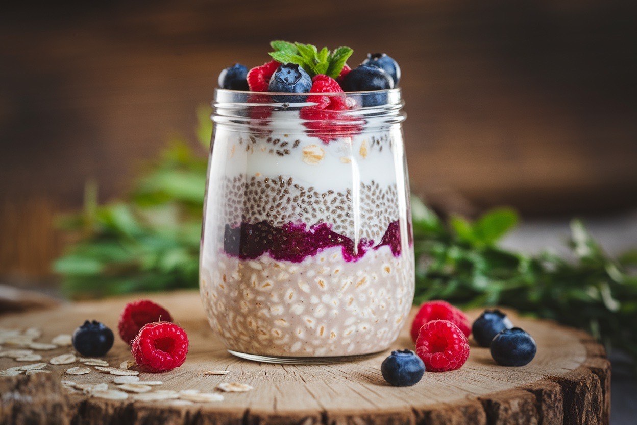 Jar of thick protein overnight oats topped with banana slices and a swirl of peanut butter
