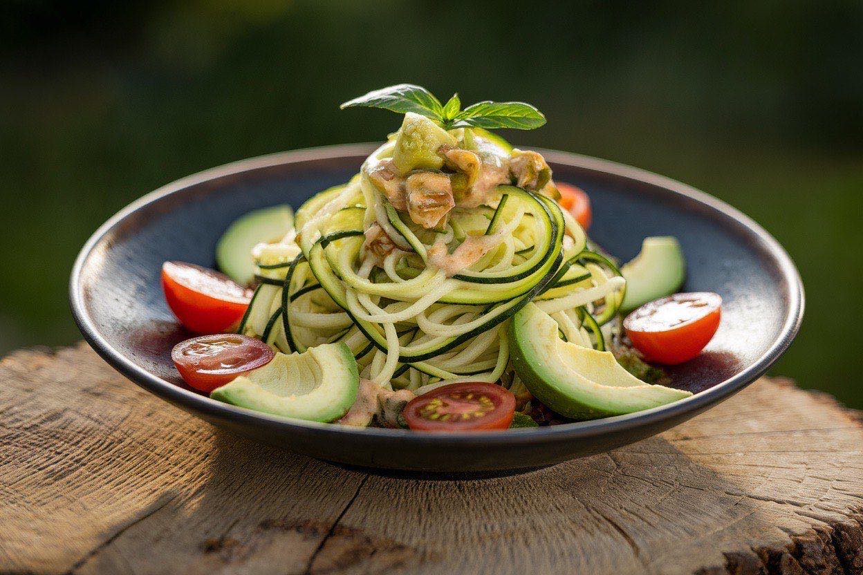 Bowl of spiralized zucchini noodles tossed in green pesto with tomatoes and mozzarella