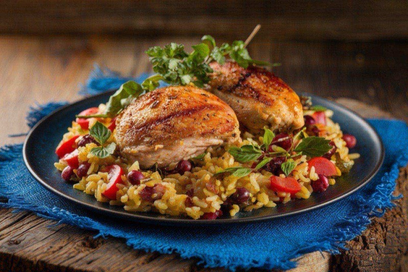 Golden crispy chicken thighs nestled on top of fluffy rice with peas in a cast-iron skillet