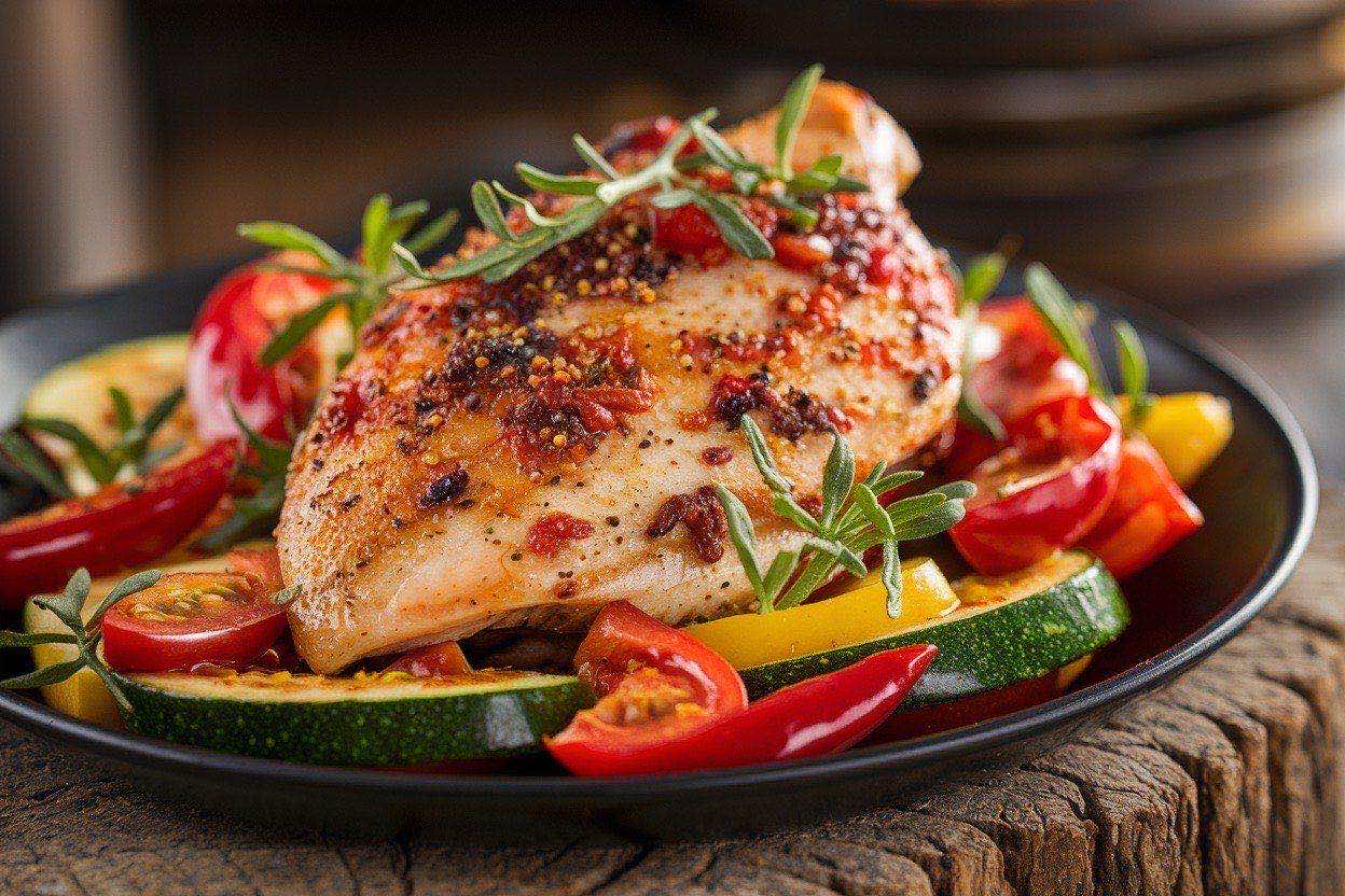 Golden chicken breast in a skillet surrounded by sun-dried tomatoes, olives, and artichoke hearts