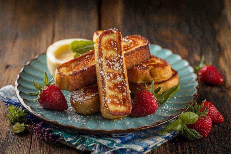 Golden brown French toast sticks arranged in rows on a baking sheet with cinnamon sugar coating