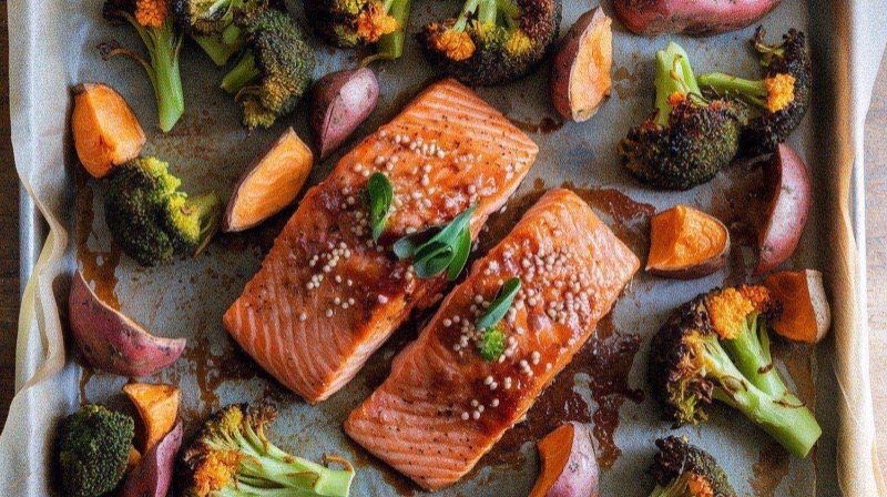 Sheet pan with glazed teriyaki salmon fillets surrounded by roasted broccoli and cubed sweet potatoes with sesame seeds