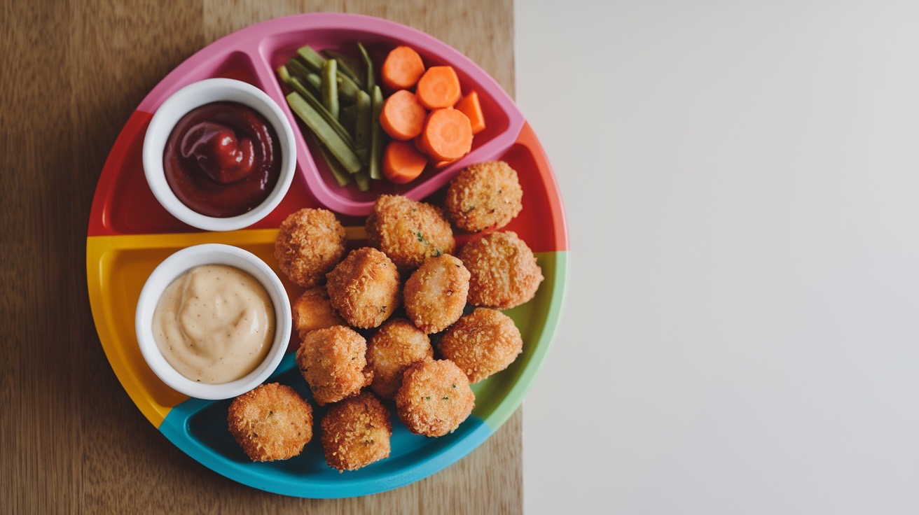 Golden baked chicken nuggets arranged on a plate with small bowls of ketchup and honey mustard for dipping, kid-friendly presentation