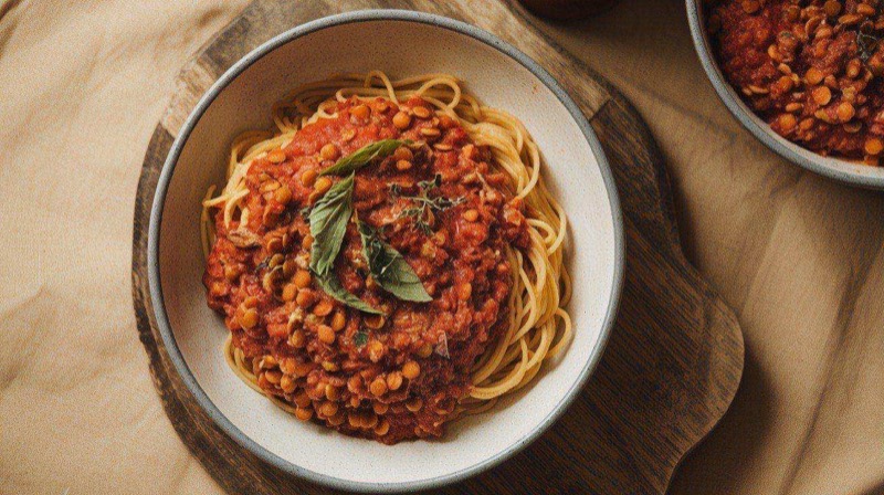 A hearty bowl of vegan lentil bolognese over whole wheat penne pasta, topped with fresh basil and a sprinkle of nutritional yeast