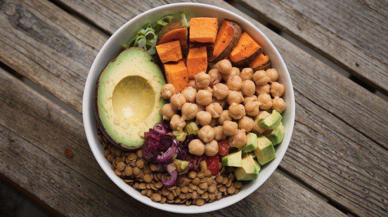 Vibrant vegan power bowl with seasoned green lentils, roasted sweet potato cubes, chickpeas, baby spinach, avocado, and creamy tahini drizzle